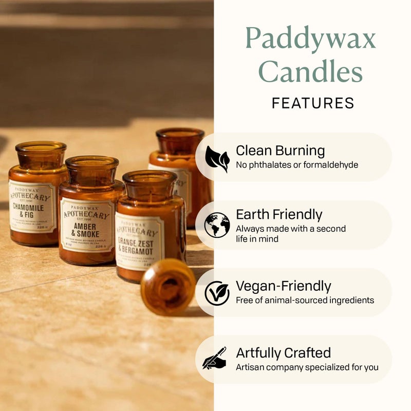 Paddywax Artisan Apothecary Scented Candle with Lid in Reusable Glass Jar, Clean-Burn Soy Candle with Approx. 54 Hour Burn Time, Tobacco & Patchouli, 8 oz. - Image 4